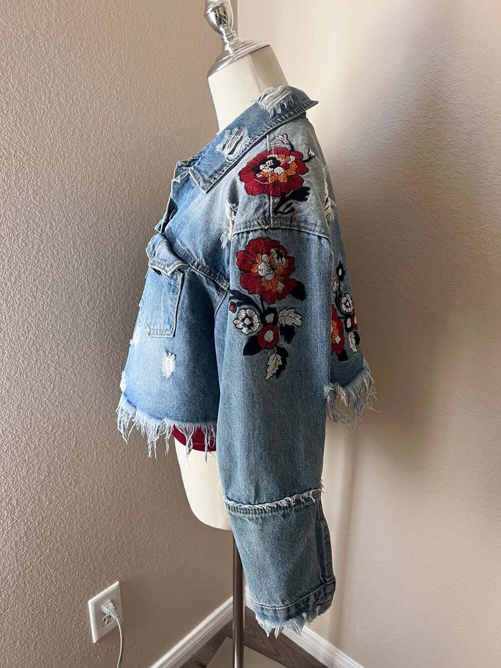 Honey Bum Embroidered Floral Destructed Cropped Denim Jacket